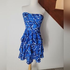 Cynthia Steffe 100% Silk Blue and White Floral Strapless Ruffled Mini Dress Sz 8